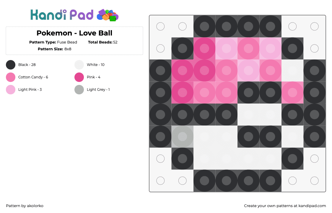 Pokemon - Love Ball - Fuse Bead Pattern by akolorko on Kandi Pad - love ball,pokeball,pokemon,gaming,simple,pink,black,white