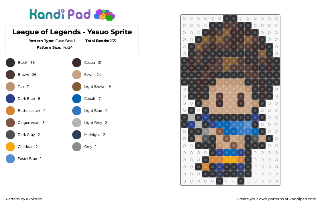 League of Legends - Yasuo Sprite - Fuse Bead Pattern by akolorko on Kandi Pad - yasuo,league of legends,character,video game,sprite,brown,tan,blue