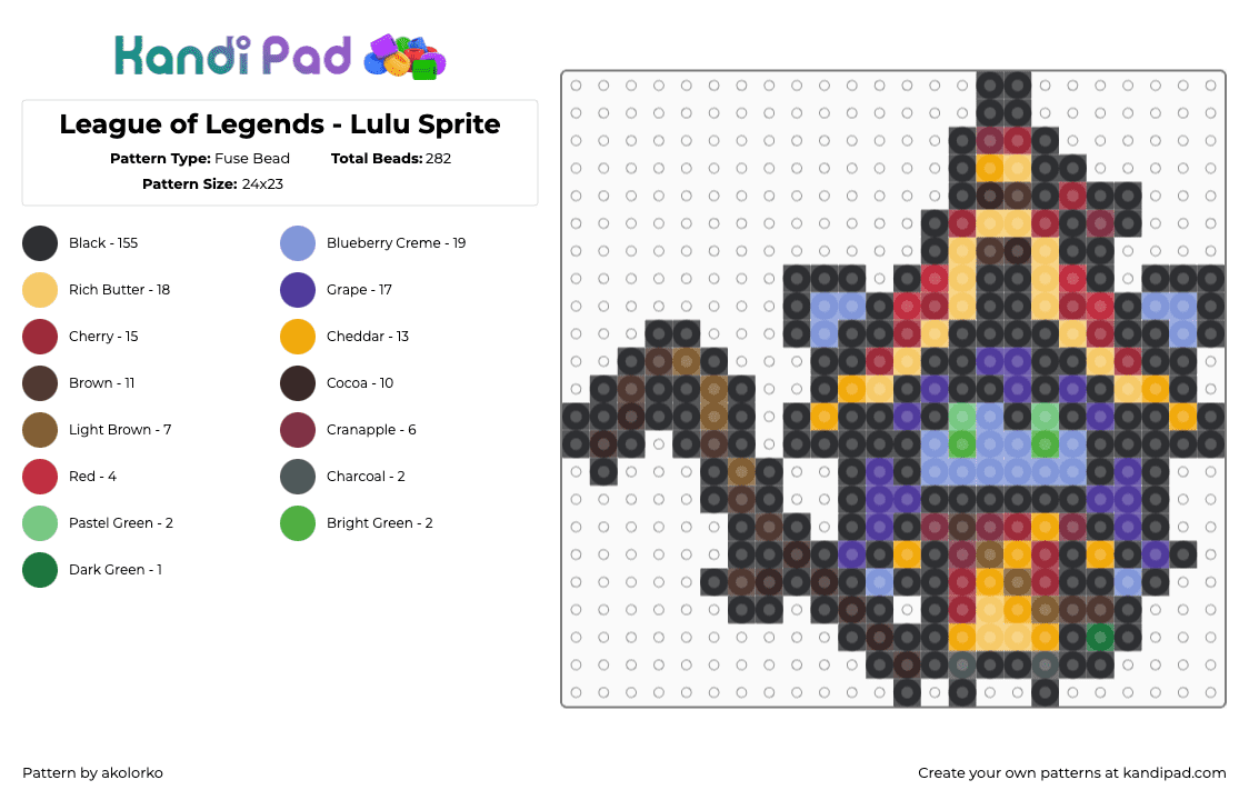 League of Legends - Lulu Sprite - Fuse Bead Pattern by akolorko on Kandi Pad - lulu,league of legends,character,video game,sprite,yellow,purple