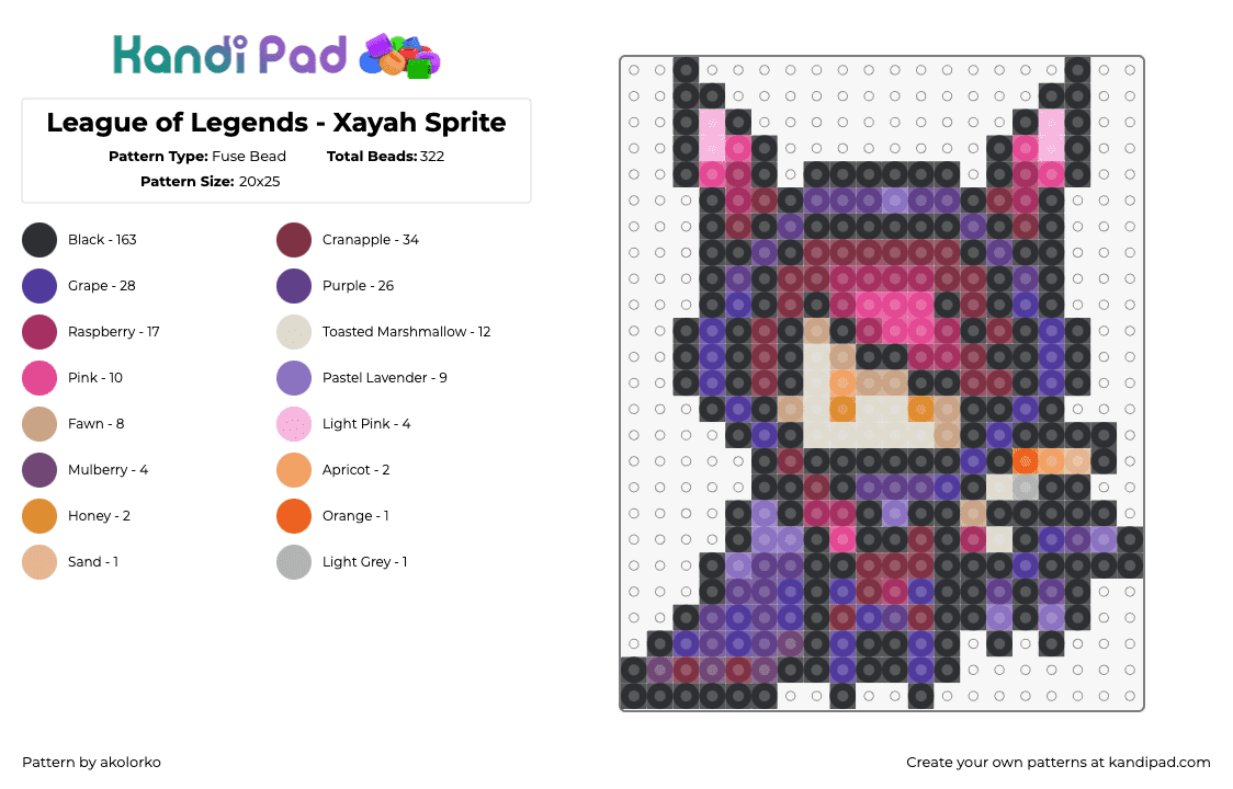 League of Legends - Xayah Sprite - Fuse Bead Pattern by akolorko on Kandi Pad - xayah,lol,league of legends,character,video game,cloak,purple,pink