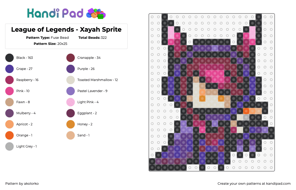 League of Legends - Xayah Sprite - Fuse Bead Pattern by akolorko on Kandi Pad - xayah,lol,league of legends,character,video game,cloak,purple,pink