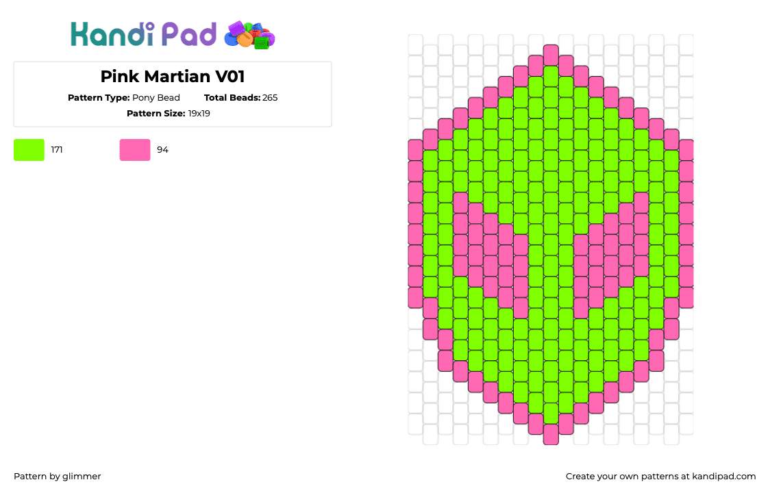 Pink Martian V01 - Pony Bead Pattern by glimmer on Kandi Pad - alien,martian,head,extraterrestrial,simple,pink,green