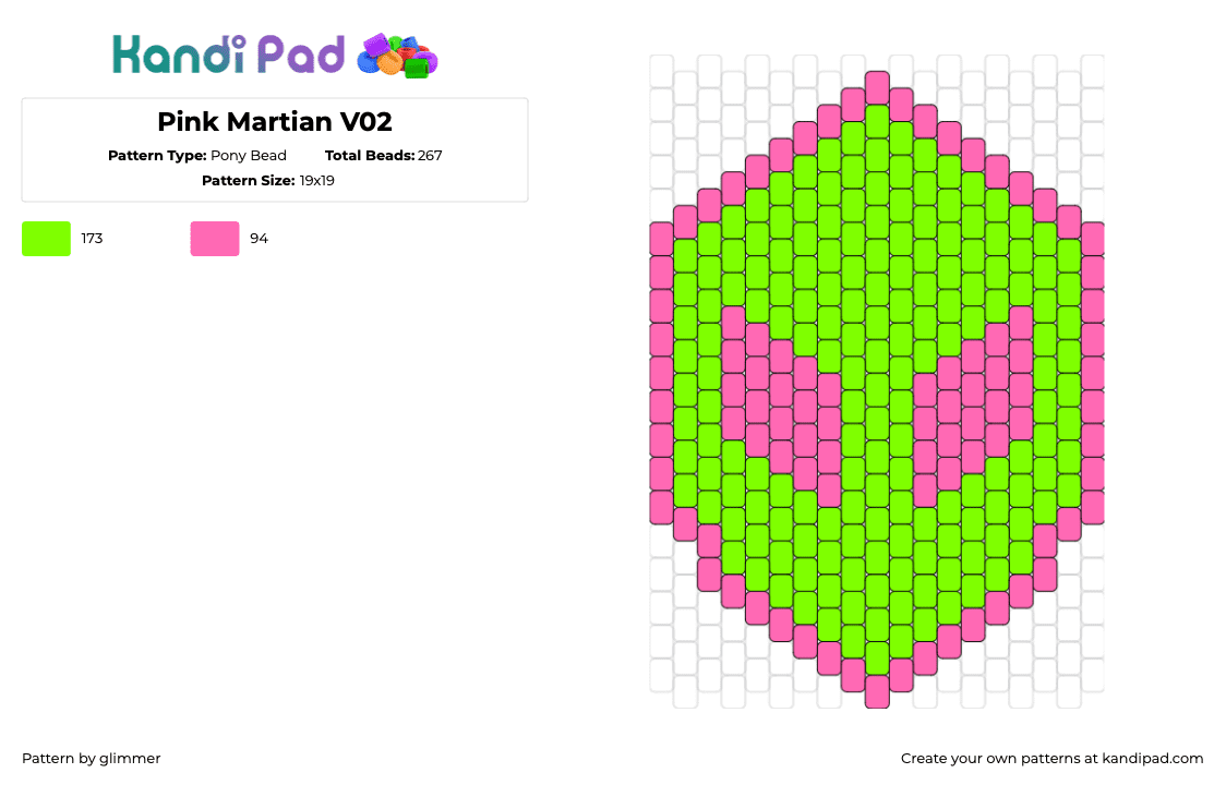 Pink Martian V02 - Pony Bead Pattern by glimmer on Kandi Pad - alien,martian,head,extraterrestrial,simple,pink,green