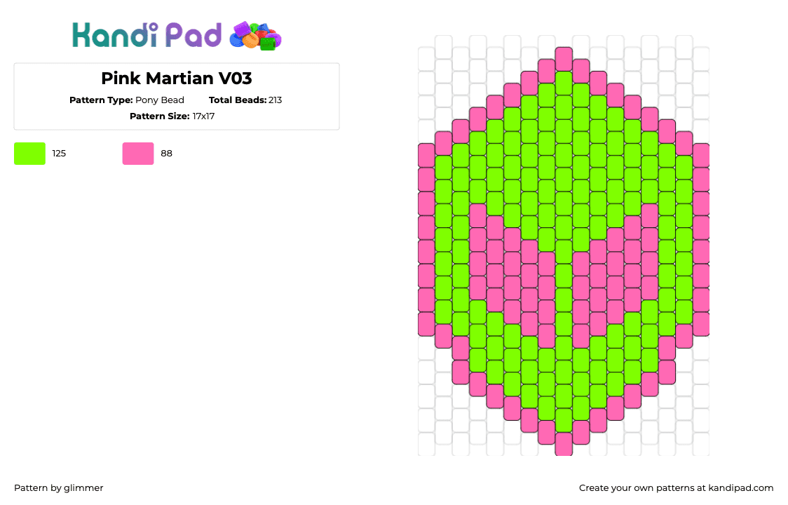 Pink Martian V03 - Pony Bead Pattern by glimmer on Kandi Pad - alien,martian,head,extraterrestrial,simple,pink,green