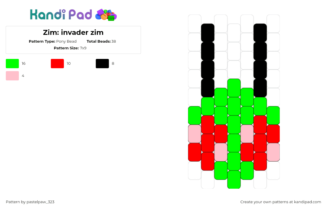 Zim: invader zim - Pony Bead Pattern by pastelpaw_323 on Kandi Pad - invader zim,head,character,cartoon,tv show,alien,green,red