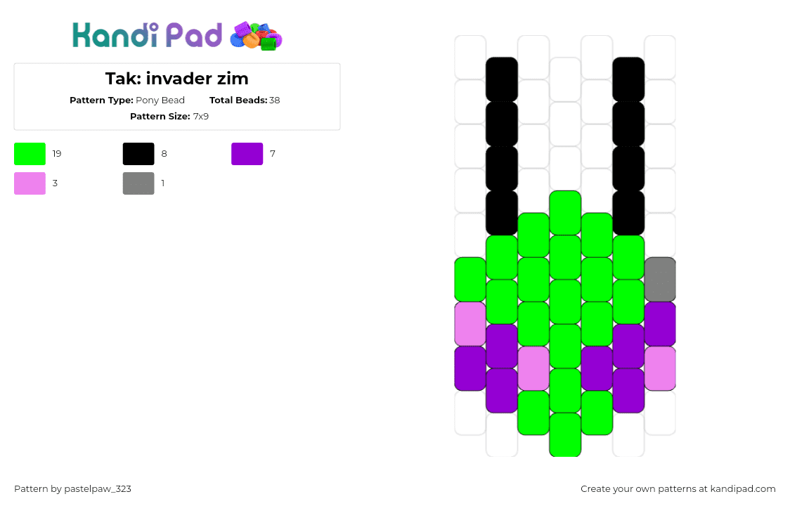 Tak: invader zim - Pony Bead Pattern by pastelpaw_323 on Kandi Pad - tak,invader zim,head,character,cartoon,tv show,alien,green,purple