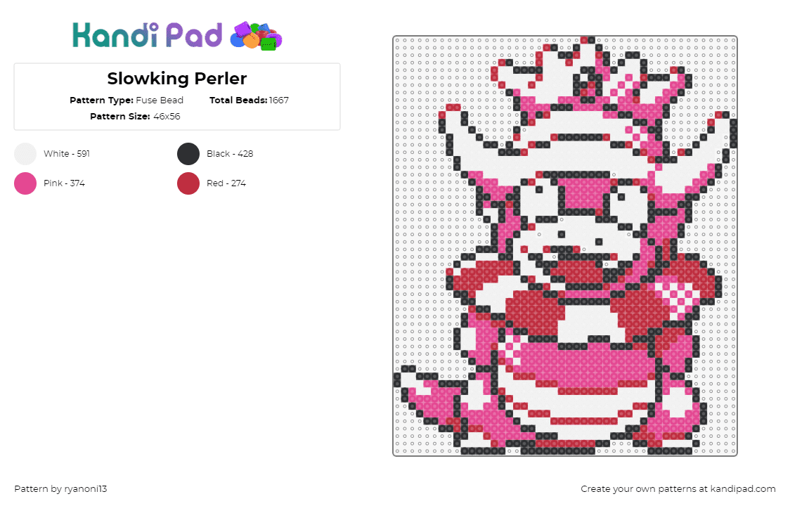 Slowking Perler - Fuse Bead Pattern by ryanoni13 on Kandi Pad - slowking,pokemon,character,gaming,evolution,slowpoke,pink,white