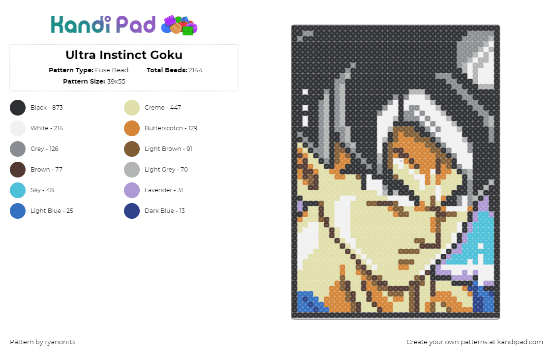 Ultra Instinct Goku - Fuse Bead Pattern by ryanoni13 on Kandi Pad - goku,dragon ball z,anime,portrait,tv show,character,tan,black