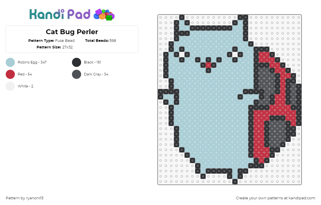 Cat Bug Perler - Fuse Bead Pattern by ryanoni13 on Kandi Pad - catbug,bravest warriors,lady bug,cat,mashup,character,tv show,cartoon,light blue,red