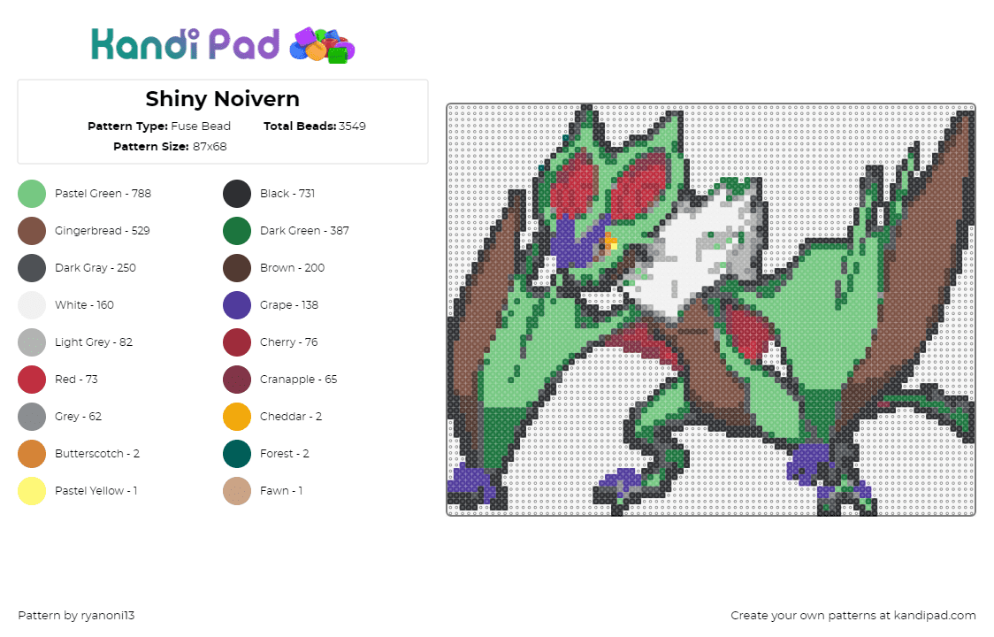 Shiny Noivern - Fuse Bead Pattern by ryanoni13 on Kandi Pad - noivern,pokemon,character,gaming,bat,green,brown