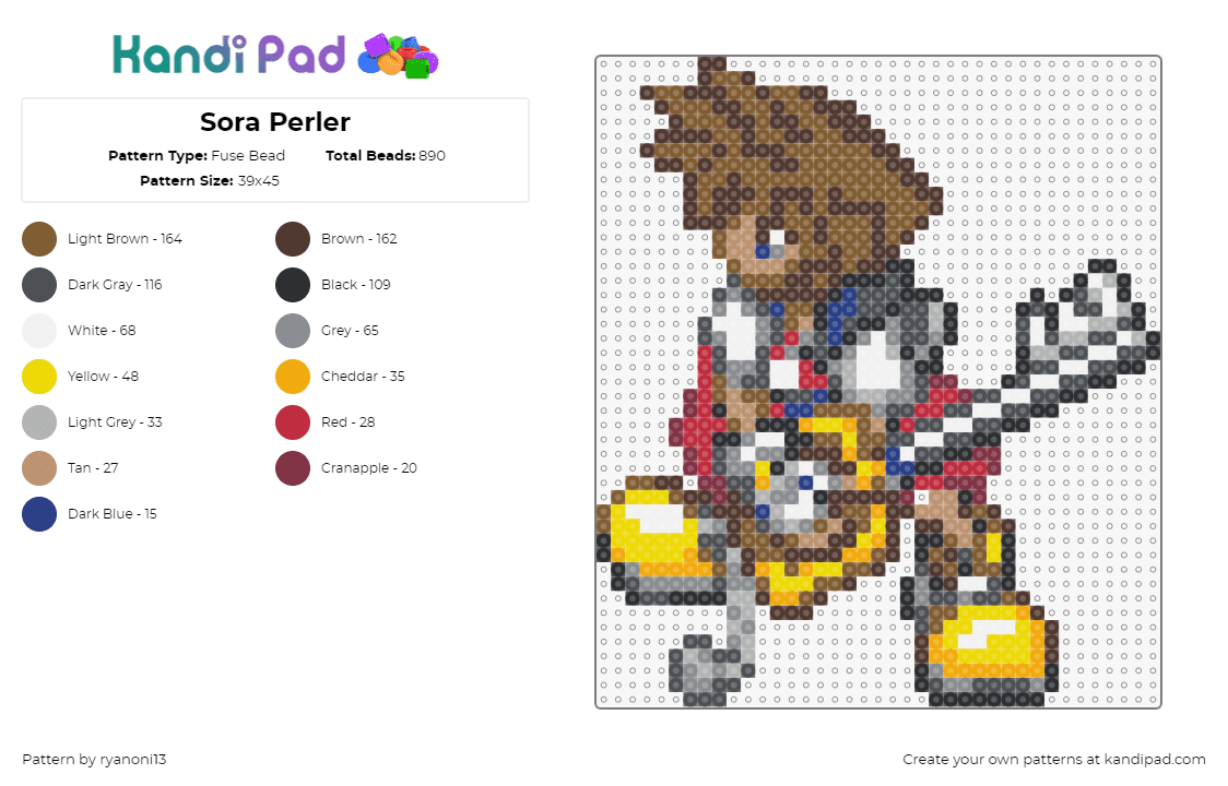 Sora Perler - Fuse Bead Pattern by ryanoni13 on Kandi Pad - sora,kingdom hearts,character,keyblade,video game,yellow,brown