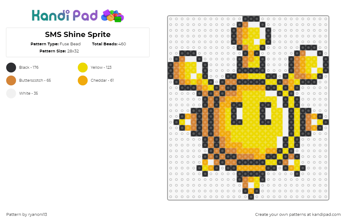 SMS Shine Sprite - Fuse Bead Pattern by ryanoni13 on Kandi Pad - shine sprite,super mario sunshine,nintendo,video game,gold,yellow