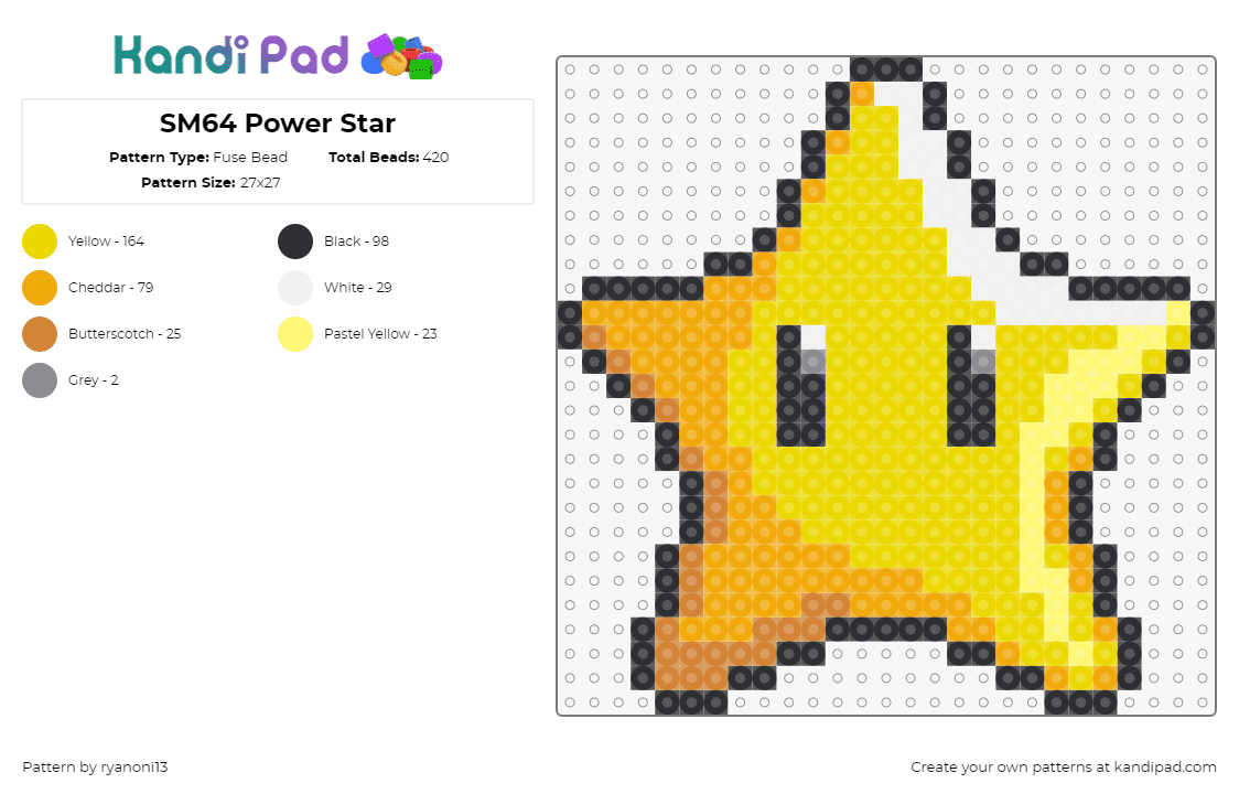 SM64 Power Star - Fuse Bead Pattern by ryanoni13 on Kandi Pad - star,super mario sunshine,nintendo,video game,yellow