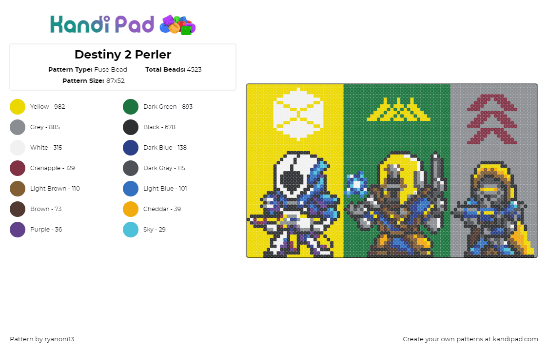 Destiny 2 Perler - Fuse Bead Pattern by ryanoni13 on Kandi Pad - destiny,video game,chibi,characters,panel,emblems,colorful,banners,yellow,green,gray,blue