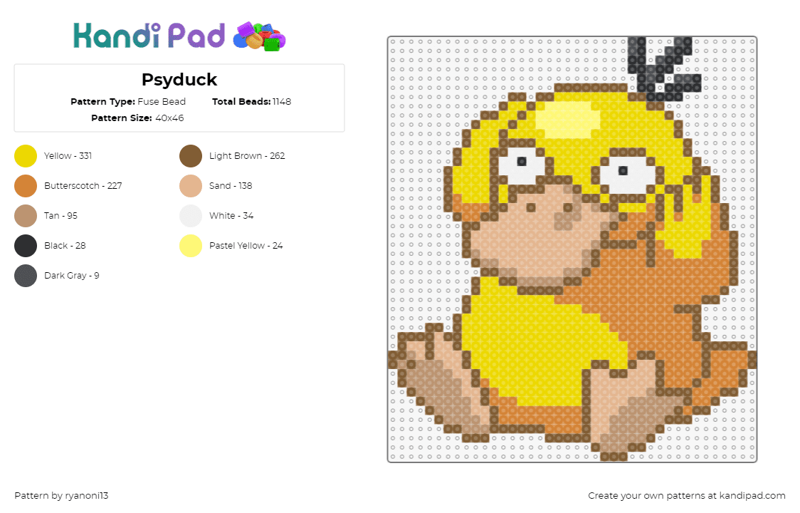 Psyduck - Fuse Bead Pattern by ryanoni13 on Kandi Pad - psyduck,pokemon,character,gaming,cute,yellow