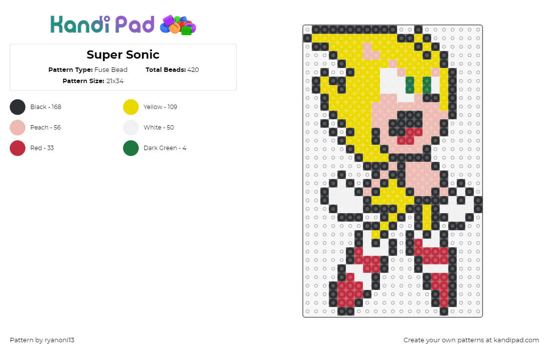 Super Sonic - Fuse Bead Pattern by ryanoni13 on Kandi Pad - sonic the hedgehog,super sayian,goku,mashup,dragon ball z,sega,video game,anime,tv show,yellow,tan