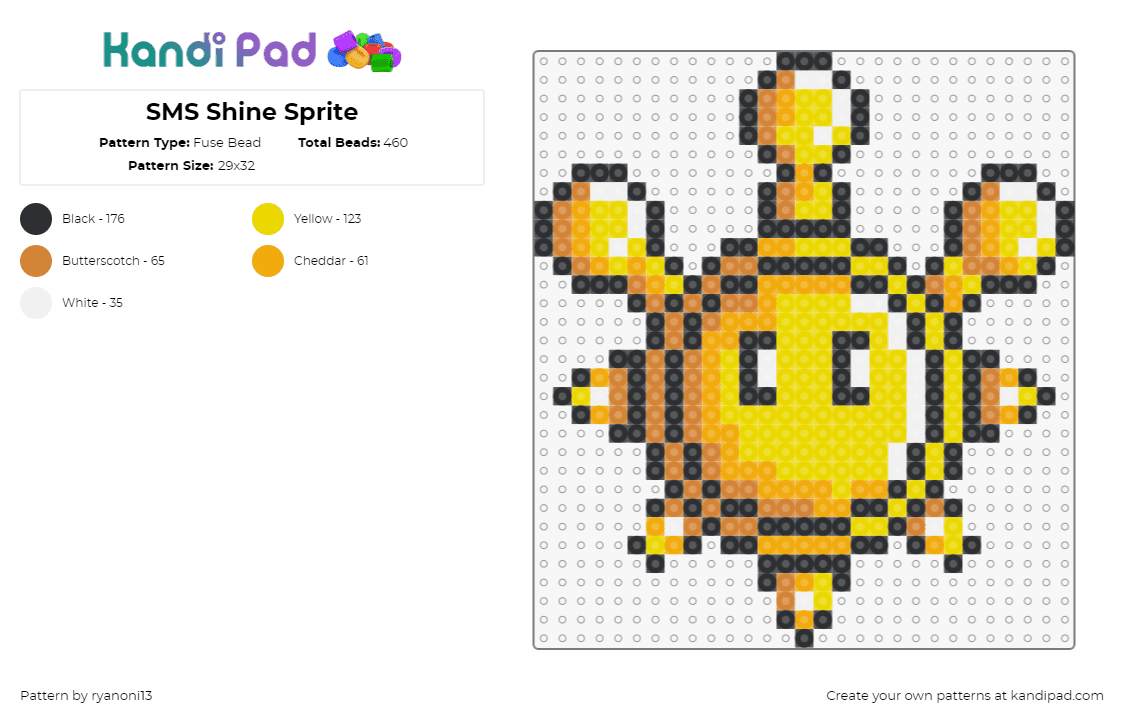 SMS Shine Sprite - Fuse Bead Pattern by ryanoni13 on Kandi Pad - shine sprite,super mario sunshine,nintendo,video game,gold,yellow