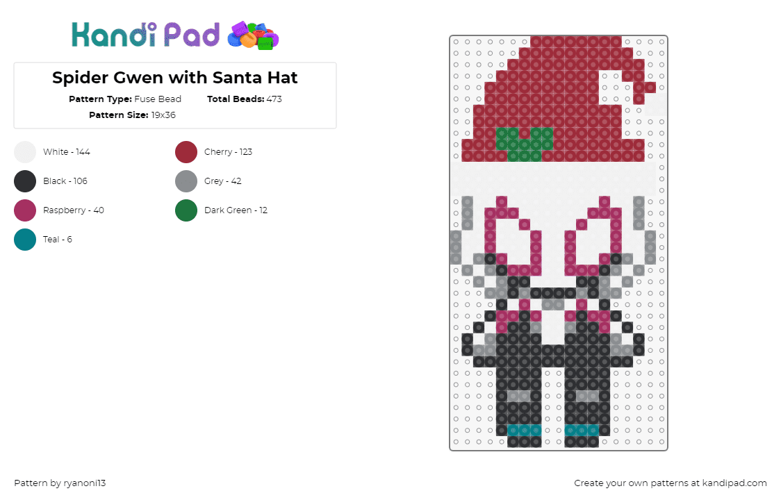 Spider Gwen with Santa Hat - Fuse Bead Pattern by ryanoni13 on Kandi Pad - spider gwen,santa,christmas,spiderman,character,chibi,festive,holiday,marvel,comic,white,red,black