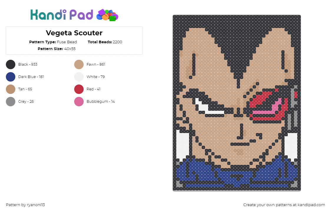 Vegeta Scouter - Fuse Bead Pattern by ryanoni13 on Kandi Pad - vegeta,dragon ball z,anime,portrait,tv show,character,tan,black,blue