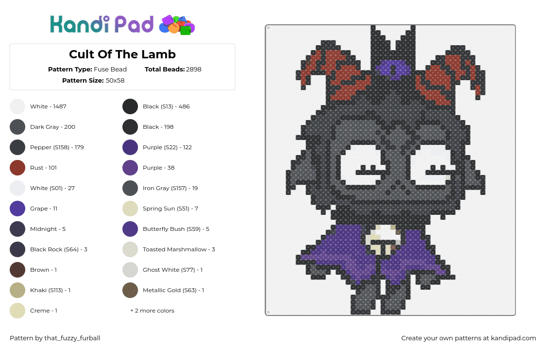 Cult Of The Lamb - Fuse Bead Pattern by that_fuzzy_furball on Kandi Pad - goat,cult of the lamb,cotl,character,video game,horned,black,purple,red