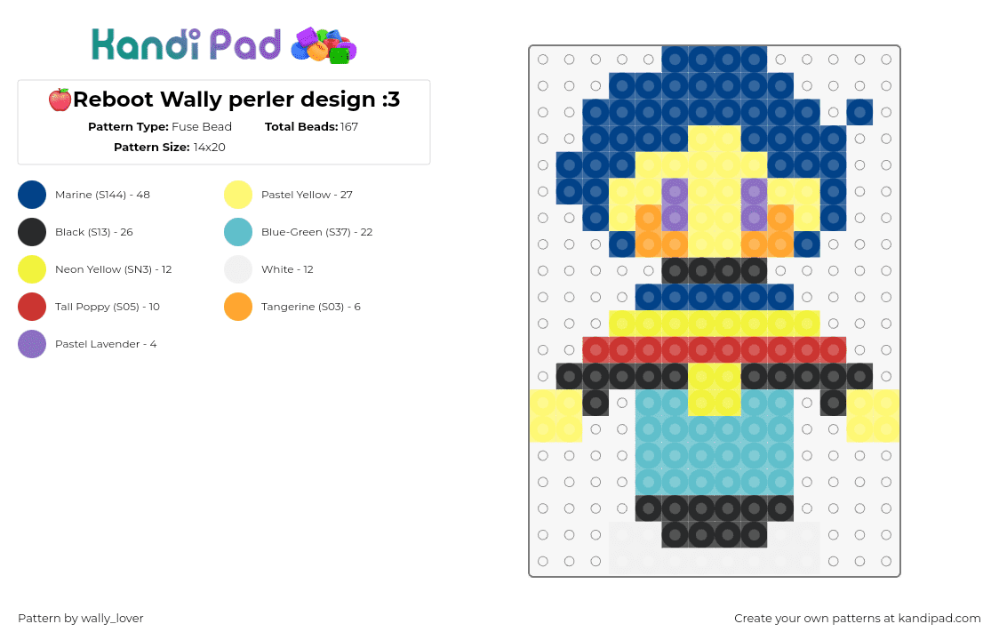 🍎Reboot Wally perler design :3 - Fuse Bead Pattern by wally_lover on Kandi Pad - wally darling,reboot,welcome home,character,chibi,animation,tv show,yellow,blue,teal