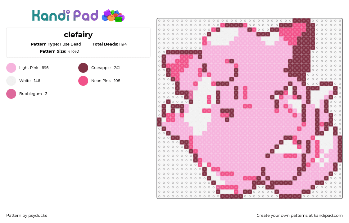 clefairy - Fuse Bead Pattern by psyducks on Kandi Pad - clefairy,pokemon,character,gaming,cute,pink