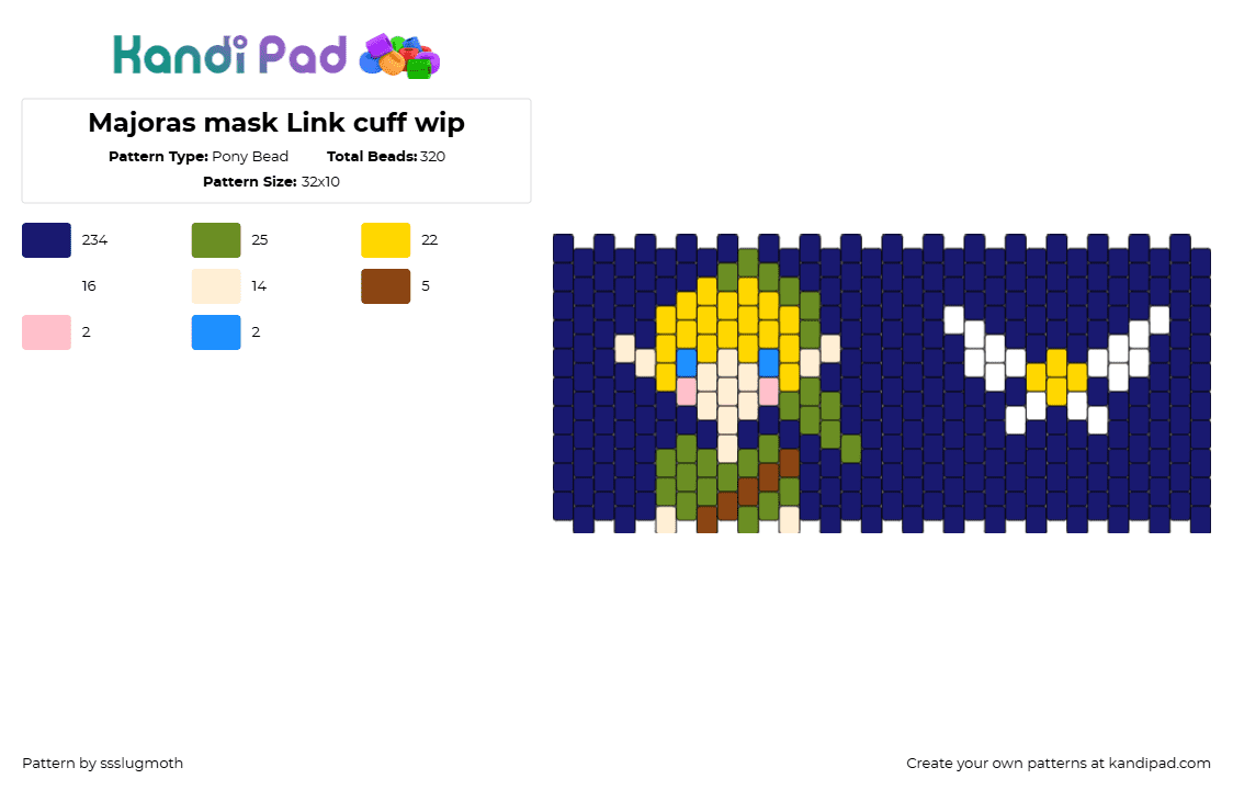 Majoras mask Link cuff wip - Pony Bead Pattern by ssslugmoth on Kandi Pad - link,navi,legend of zelda,characters,video game,cuff,blue,green,yellow