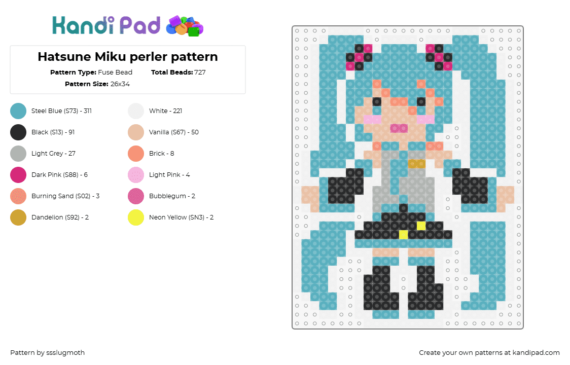 Hatsune Miku perler pattern - Fuse Bead Pattern by ssslugmoth on Kandi Pad - hatsune miku,vocaloid,music,character,teal,black,gray