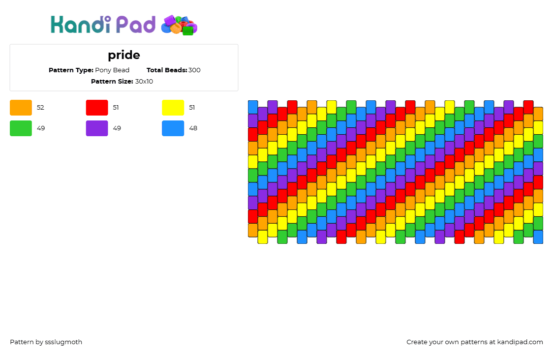 pride - Pony Bead Pattern by ssslugmoth on Kandi Pad - rainbow,pride,diagonal,stripes,cuff,red,yellow,purple