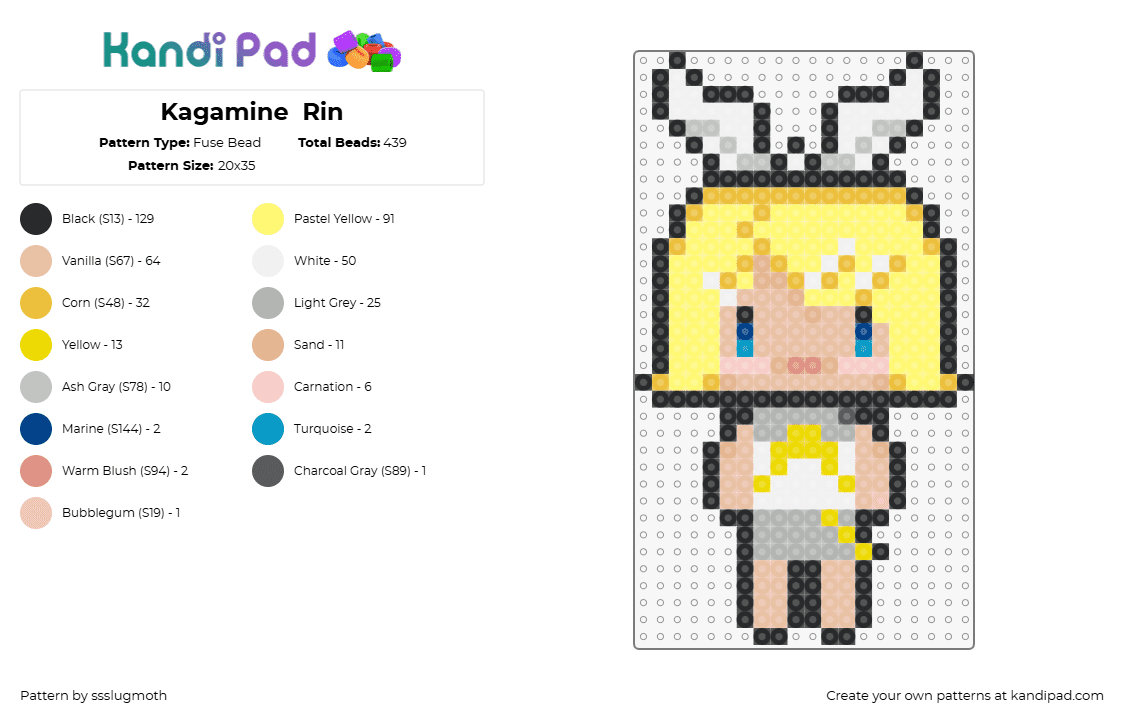 Kagamine  Rin - Fuse Bead Pattern by ssslugmoth on Kandi Pad - kagamine rin,vocaloid,blonde,music,tan,yellow