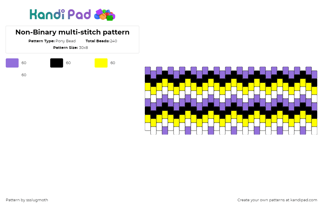 Non-Binary multi-stitch pattern - Pony Bead Pattern by ssslugmoth on Kandi Pad - nonbinary,pride,zig zag,cuff,purple,yellow,white