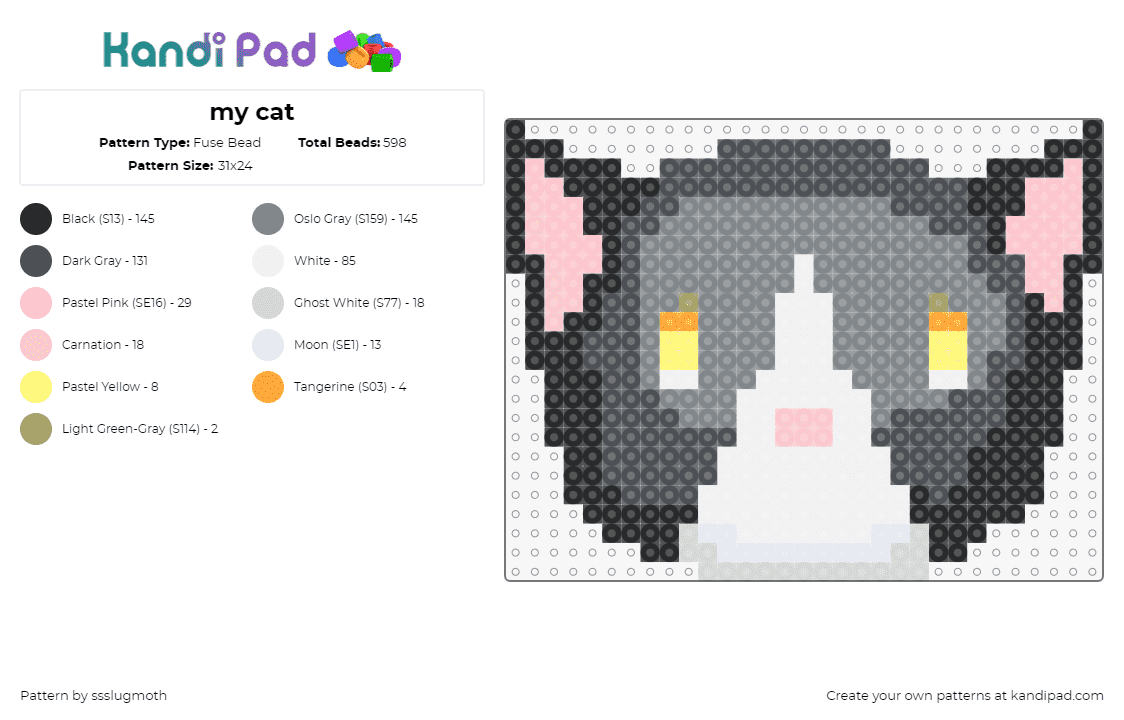 my cat - Fuse Bead Pattern by ssslugmoth on Kandi Pad - cat,animal,head,gray,white,pink