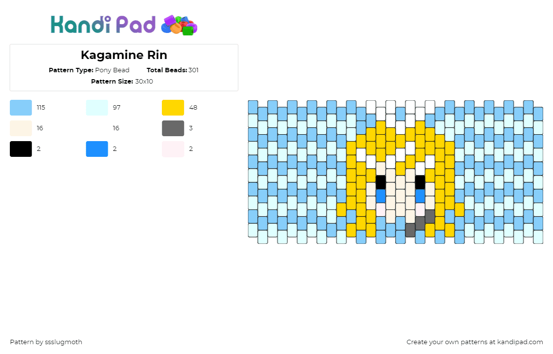 Kagamine Rin - Pony Bead Pattern by ssslugmoth on Kandi Pad - kagamine rin,vocaloid,project sekai,head,music,cuff,blonde,yellow,light blue