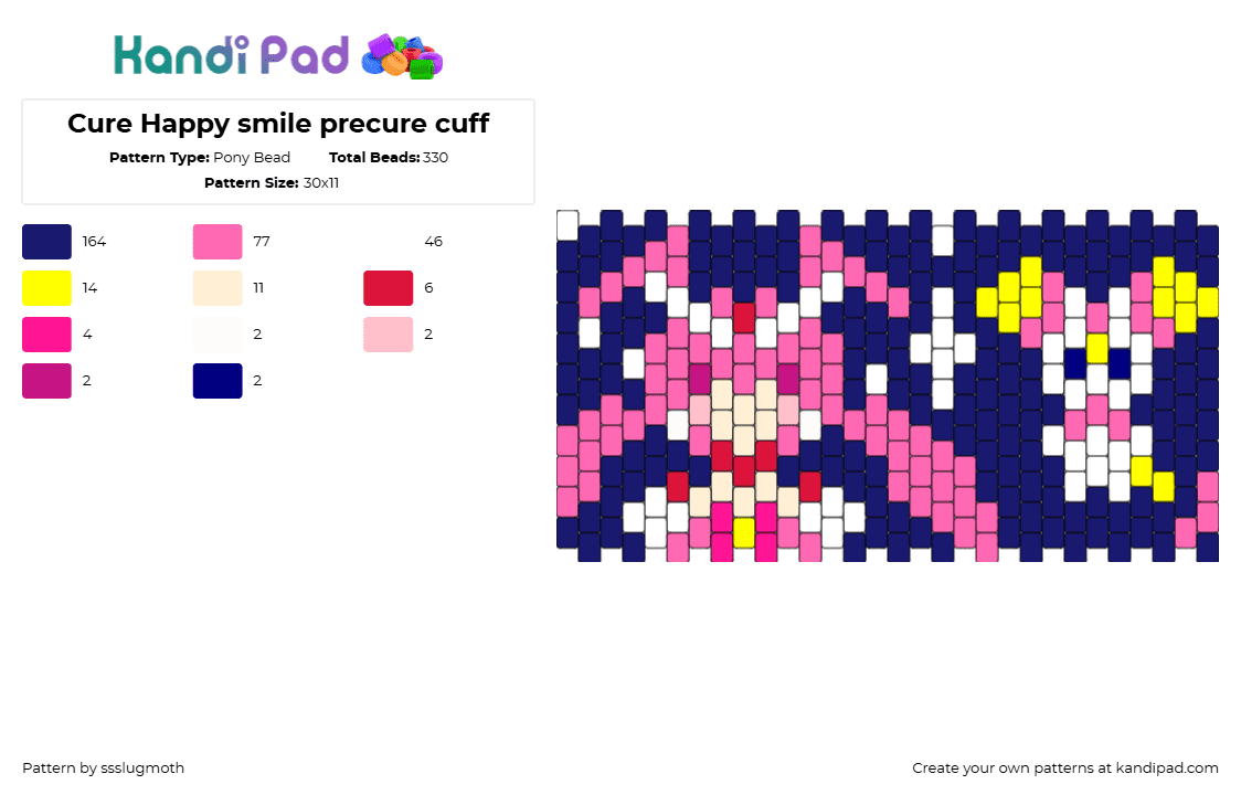 Cure Happy smile precure cuff - Pony Bead Pattern by ssslugmoth on Kandi Pad - cure happy,miyuki hoshizora,smile precure,anime,cuff,pink,blue