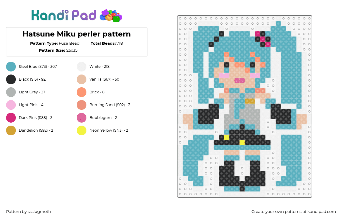 Hatsune Miku perler pattern - Fuse Bead Pattern by ssslugmoth on Kandi Pad - hatsune miku,vocaloid,music,character,teal,black,gray