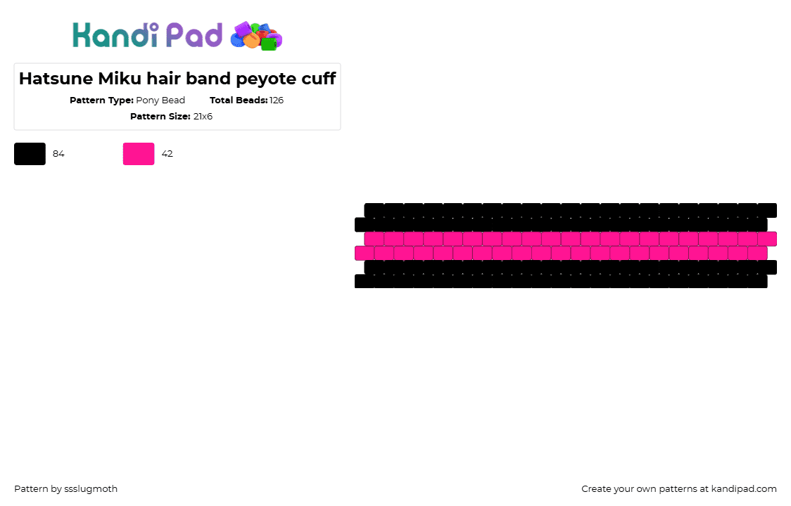 Hatsune Miku hair band peyote cuff - Pony Bead Pattern by ssslugmoth on Kandi Pad - hatsune miku,vocaloid,music,cuff,pink,black