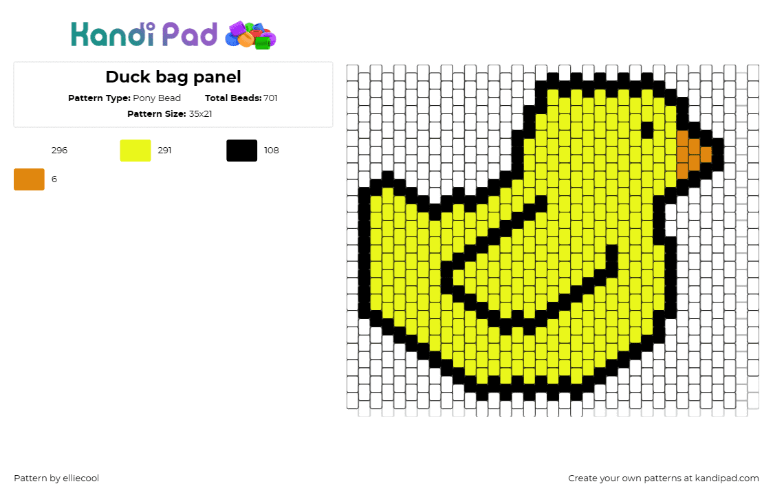 Duck bag panel - Pony Bead Pattern by elliecool on Kandi Pad - duck,bird,animal,cute,simple,bag,yellow