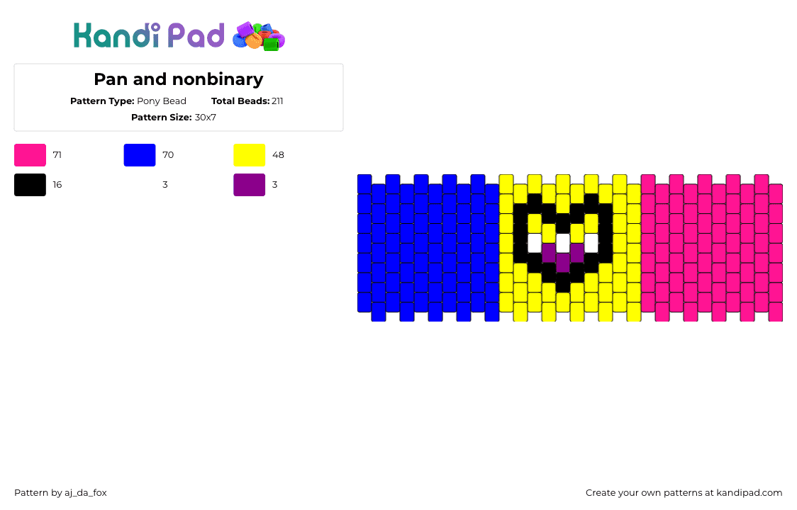 Pan and nonbinary - Pony Bead Pattern by aj_da_fox on Kandi Pad - pansexual,nonbinary,pride,heart,cuff,blue,yellow,pink