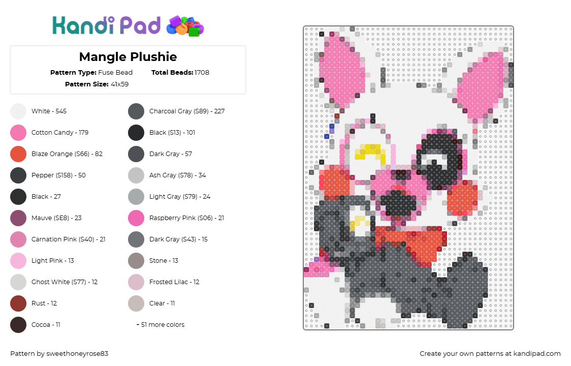 Mangle Plushie - Fuse Bead Pattern by sweethoneyrose83 on Kandi Pad - mangle,fnaf,five nights at freddys,character,horror,video game,pink,gray,white