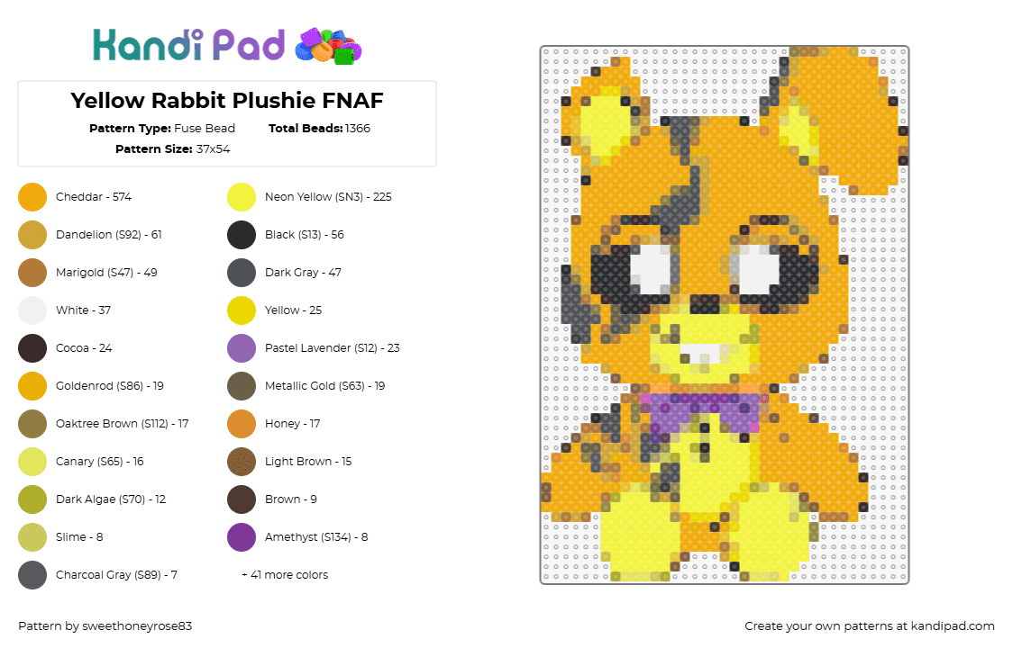 Yellow Rabbit Plushie FNAF - Fuse Bead Pattern by sweethoneyrose83 on Kandi Pad - rabbit,fnaf,five nights at freddys,youtooz,character,horror,video game,orange,yellow