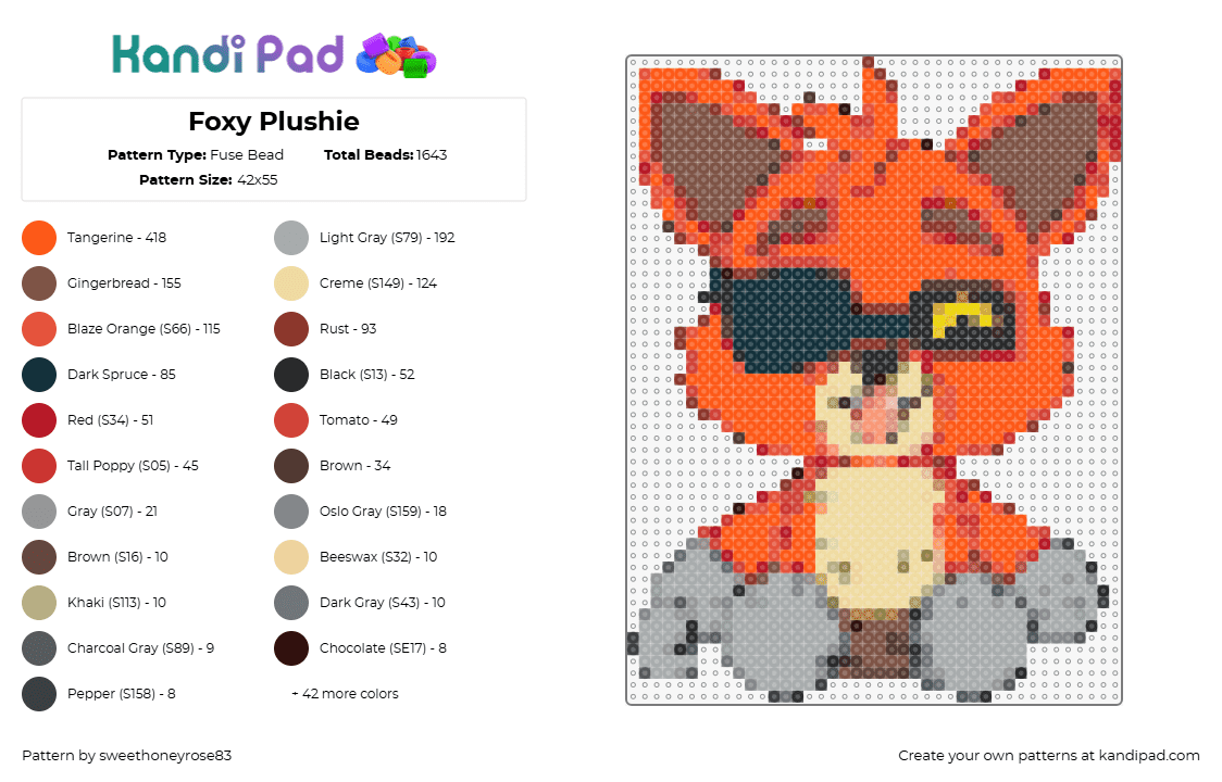 Foxy Plushie - Fuse Bead Pattern by sweethoneyrose83 on Kandi Pad - foxy,fnaf,five nights at freddys,youtooz,character,horror,video game,orange