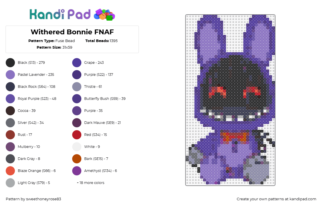 Withered Bonnie FNAF - Fuse Bead Pattern by sweethoneyrose83 on Kandi Pad - withered bonnie,fnaf,five nights at freddys,youtooz,character,horror,video game,purple,black