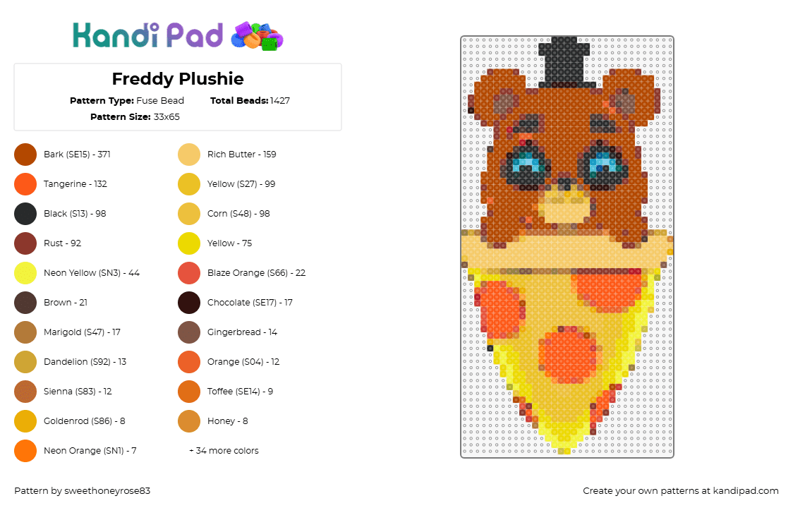 Freddy Plushie - Fuse Bead Pattern by sweethoneyrose83 on Kandi Pad - freddy,fnaf,five nights at freddys,youtooz,character,horror,video game,brown,yellow