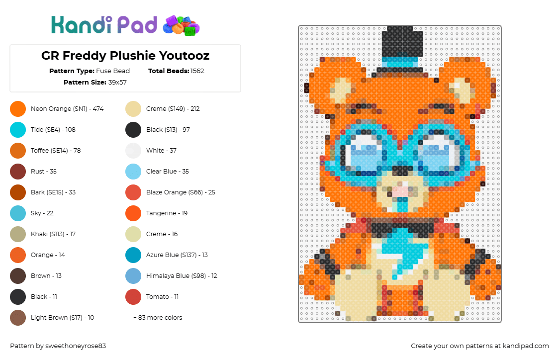 GR Freddy Plushie Youtooz - Fuse Bead Pattern by sweethoneyrose83 on Kandi Pad - glam rock freddy,fnaf,five nights at freddys,youtooz,character,horror,video game,orange,teal