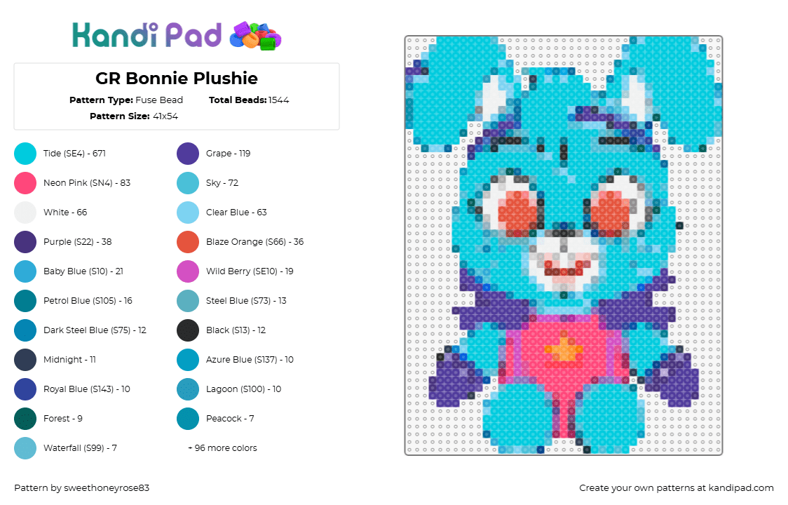 GR Bonnie Plushie - Fuse Bead Pattern by sweethoneyrose83 on Kandi Pad - glam rock bonnie,fnaf,five nights at freddys,youtooz,character,horror,video game,teal