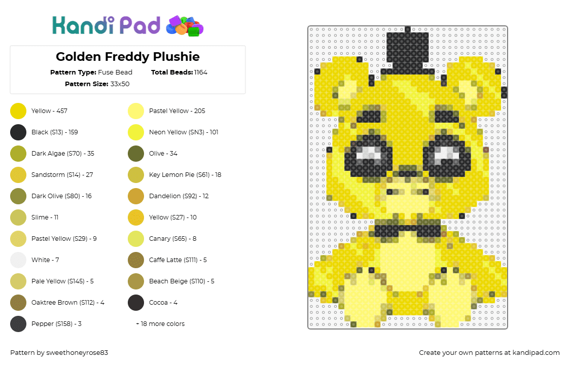 Golden Freddy Plushie - Fuse Bead Pattern by sweethoneyrose83 on Kandi Pad - golden freddy,fnaf,five nights at freddys,youtooz,plush,character,horror,video game,yellow