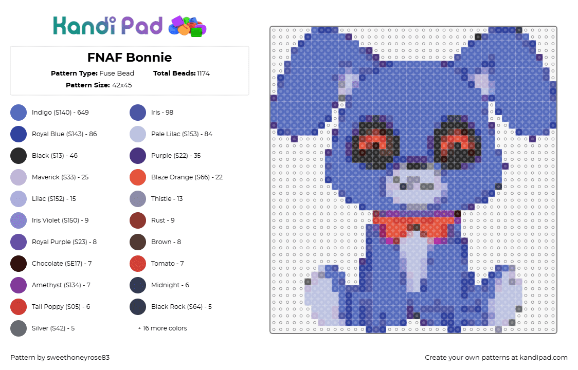 FNAF Bonnie - Fuse Bead Pattern by sweethoneyrose83 on Kandi Pad - bonnie,fnaf,five nights at freddys,youtooz,character,horror,video game,purple