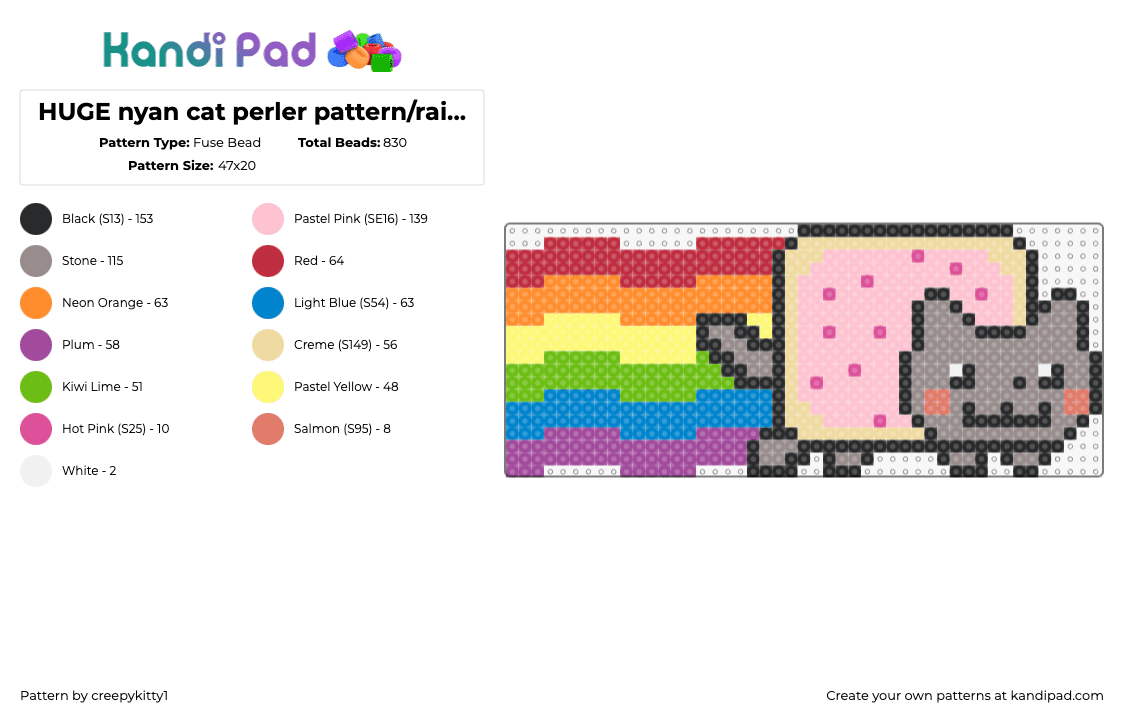 HUGE nyan cat perler pattern/rainbow!! - Fuse Bead Pattern by creepykitty1 on Kandi Pad - nyan cat,poptart,meme,rainbow,colorful,pink,gray