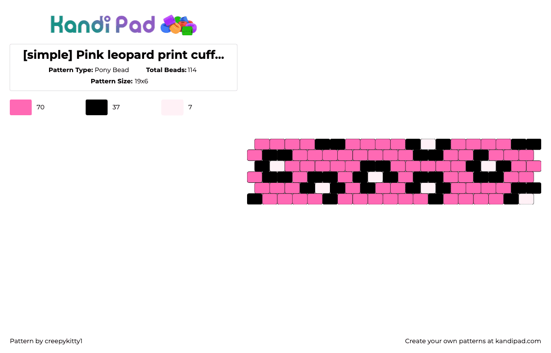 [simple] Pink leopard print cuff 4 begginers! - Pony Bead Pattern by creepykitty1 on Kandi Pad - leopard,animal print,cuff,simple,spots,pink,black