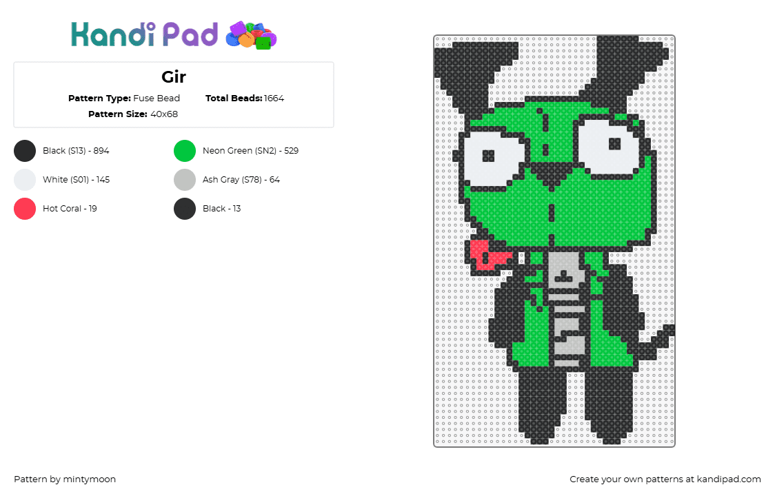 Gir - Fuse Bead Pattern by mintymoon on Kandi Pad - gir,invader zim,character,costume,derpy,cartoon,tv show,cuff,green